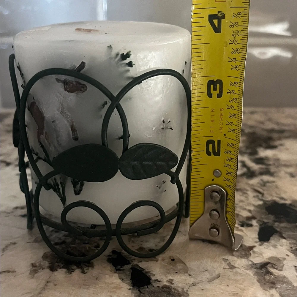 Decorative White Candle with Moose and greenery embedded & Green Leaf Holder.